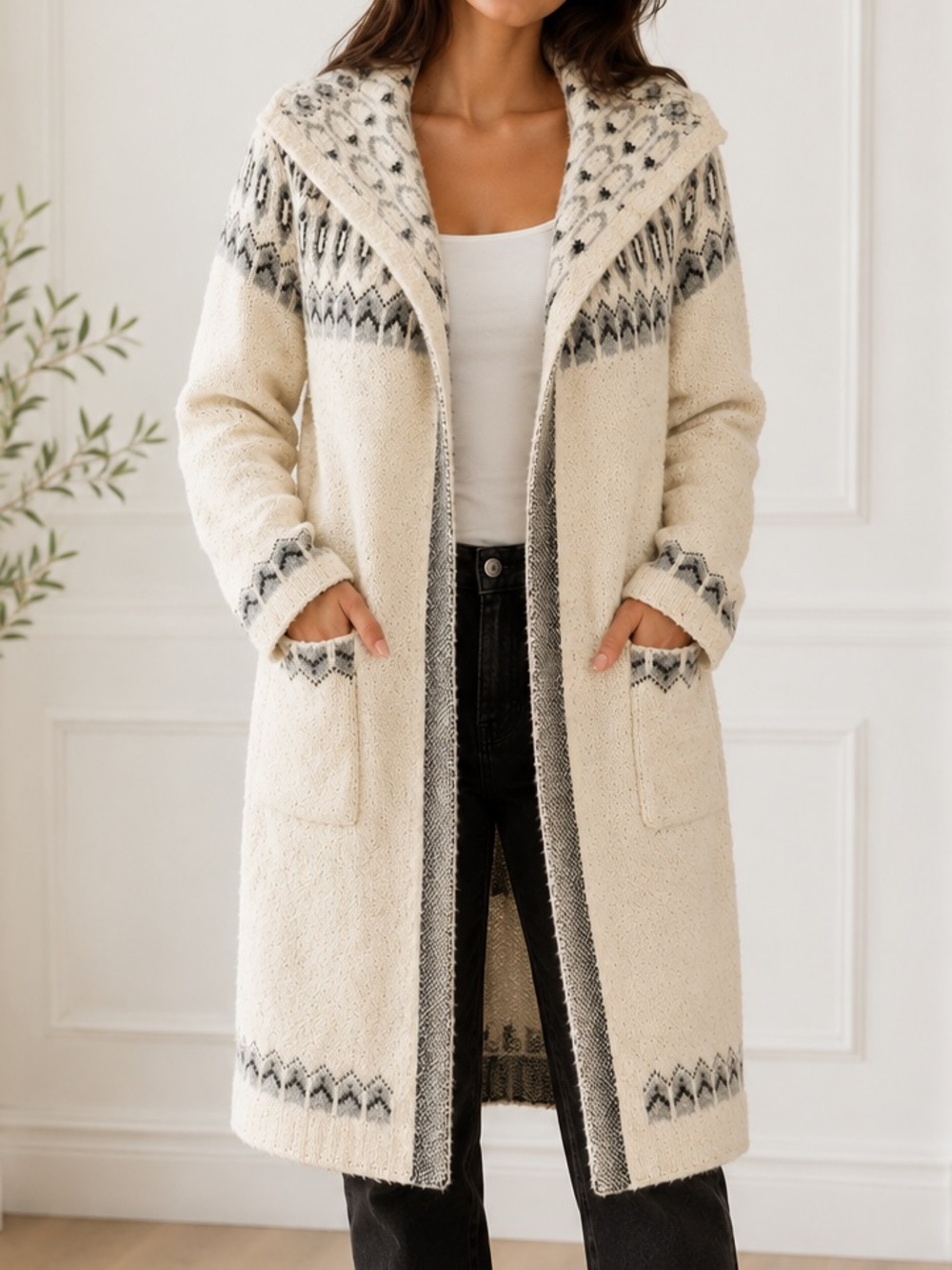 Cozy Hooded Long Cardigan Sweater - Cream with Gray Fair Isle